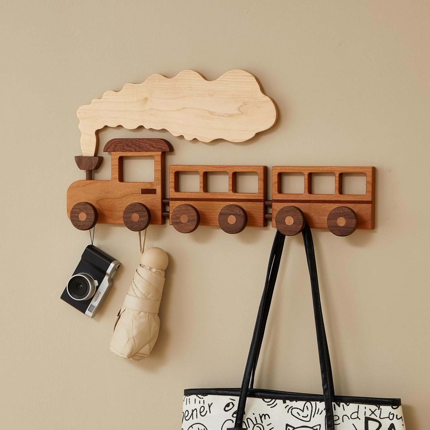 Cherry Solid Wood Train-Shaped Wall Hooks for Children Wall-Mounted Coat Rack with 6 Hooks for Children's Rooms Moisture-Resistant Wood Wax Oil Finish