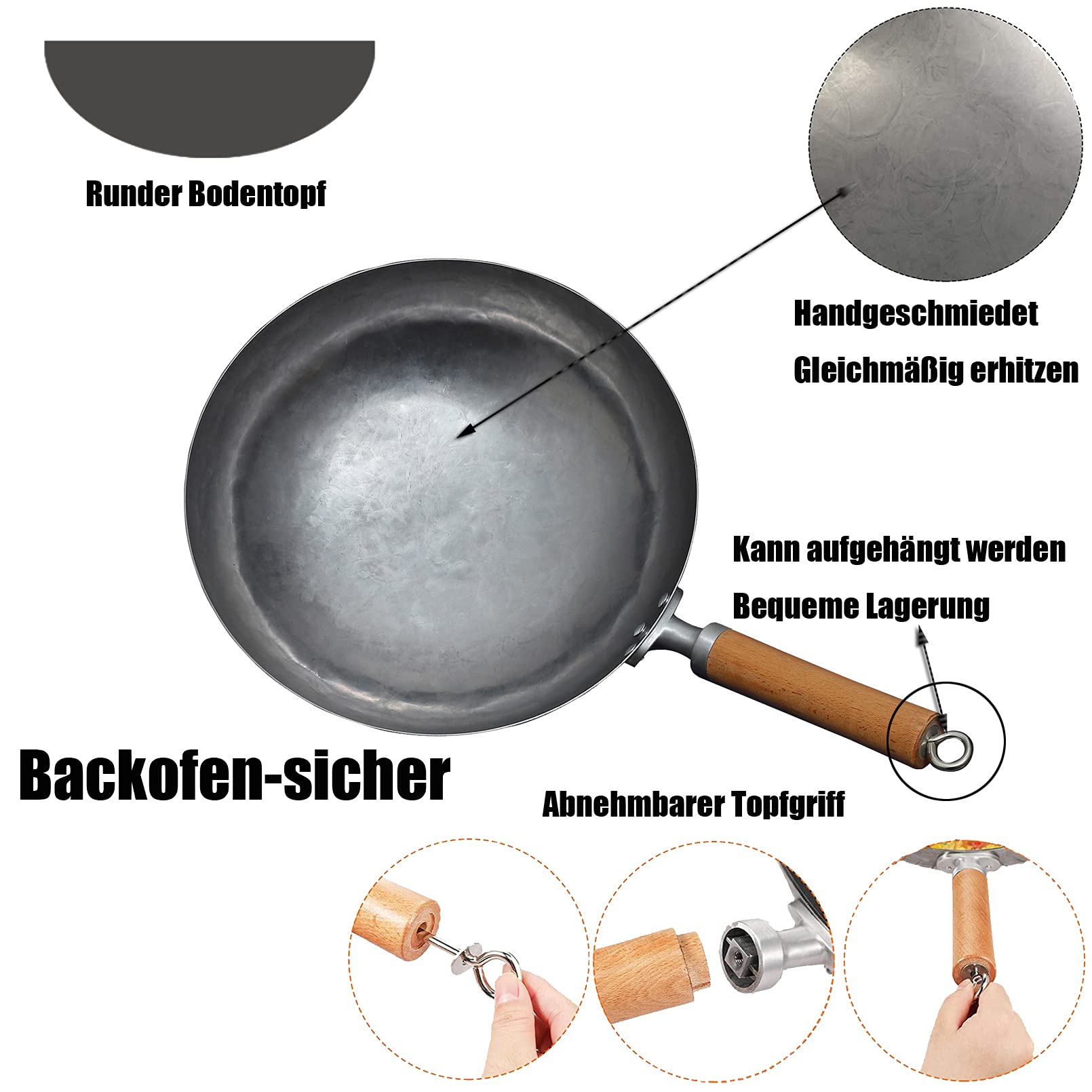 Wok, wok fatto a mano in acciaio al carbonio, 30/32/34 cm Ø fondo tondo in acciaio al carbonio per fornello a gas, spessore 1,5 mm, con manico in legno e acciaio,30CM