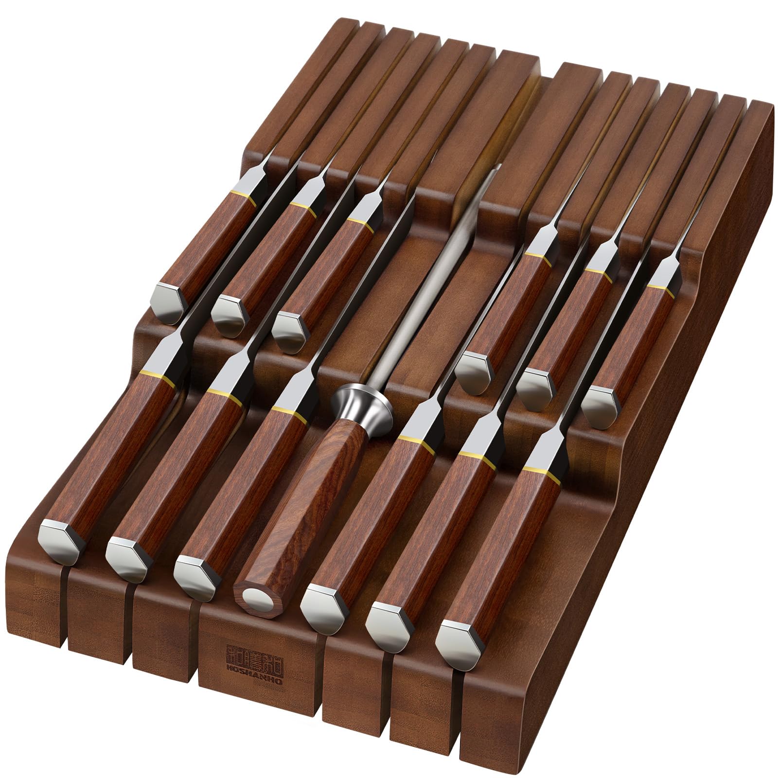 Photo 1 of HOSHANHO In-Drawer Knife Block, Large Bamboo Knife Drawer Organizer for 12 Knives, Kitchen Steak Knife Holder for Sharpening Steel, Brown (Knives & Sharpening Not Included)