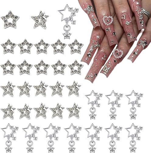 Dijes de arte de uñas de estrella plateada mixta, 30 piezas, aleación 3D, diamantes de imitación en forma de estrellas, dijes de metal para uñas