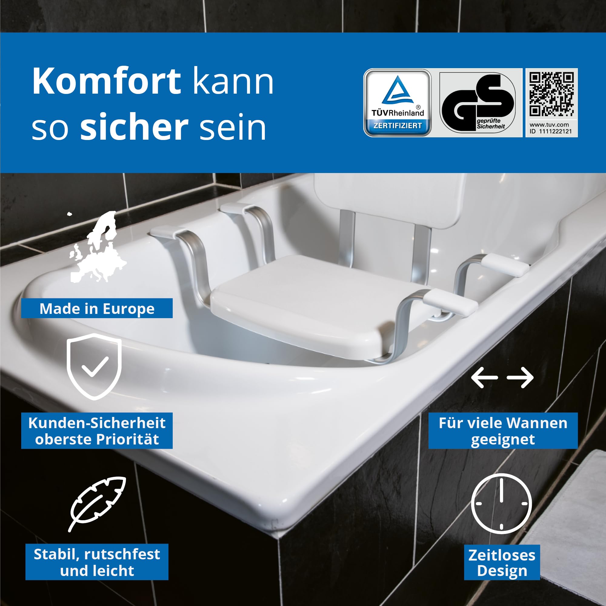 Weinberger Badewannensitz mit Rückenlehne | Sitzbrett | Belastbar bis 150 kg | Anti-Rutsch | Wannenbreite 52-64 cm | Moderne Badezimmerhilfe für Senioren | Modell 48538 | Weiß