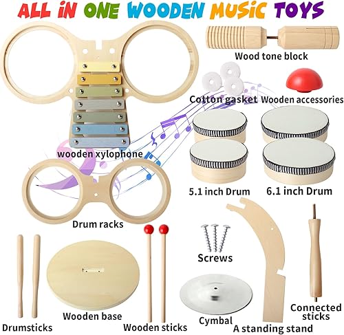 Miniatura 4 de BEAUAM Juego de batería para niños con panderetas, instrumentos musicales para bebés, juguetes musicales Montessori preescolar, kit de batería para
