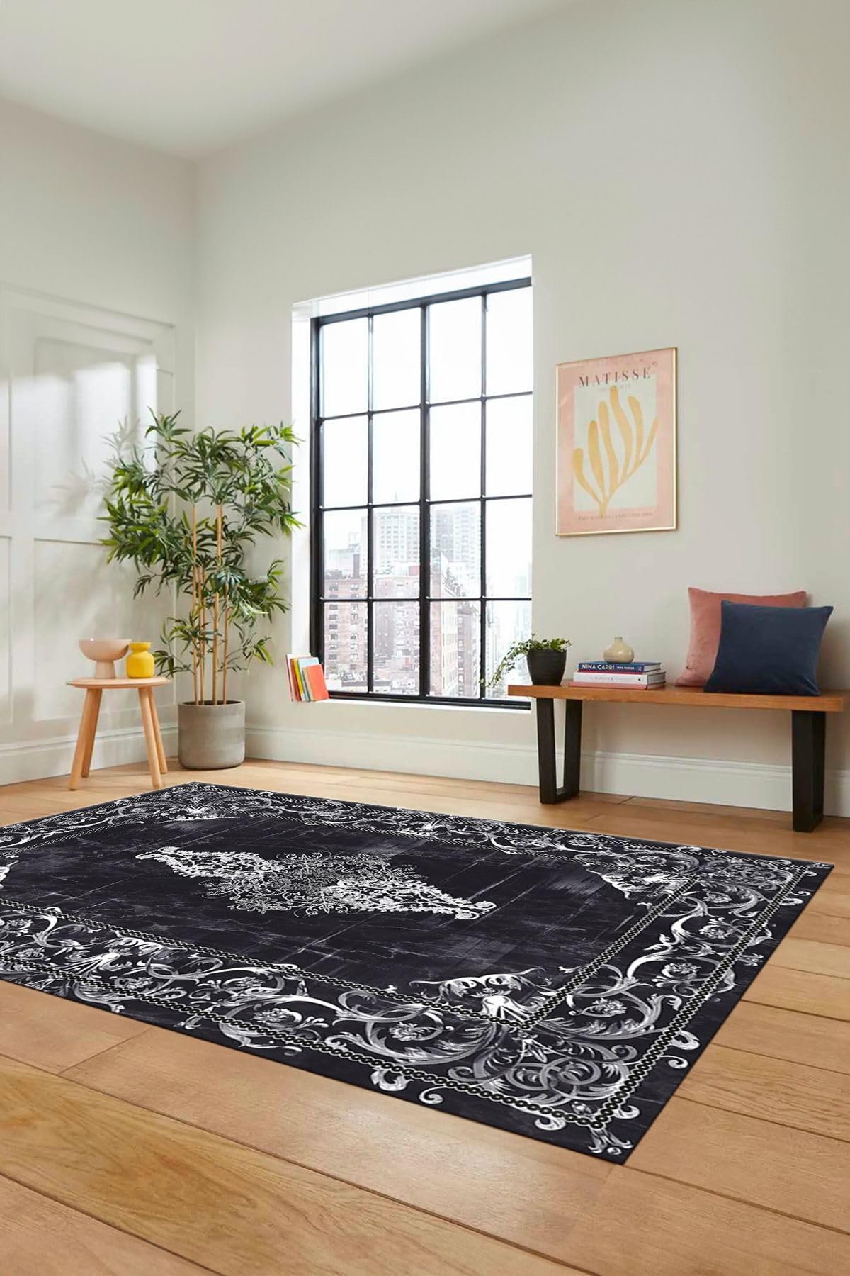 Evdeya Göbekli Klasik Motifli Dijital Kaymaz Taban Yıkanabilir Yolluk Mutfak Salon Halısı KLASİK-28, Antrasit, 60 x 150