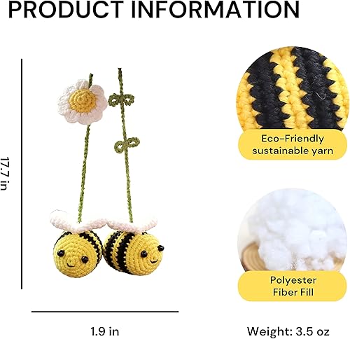 Miniatura 2 de Bunny Crochet Bee - Soporte para espejo retrovisor para automóvil, bonito adorno colgante de coche de abejorro, un regalo para los amantes de las