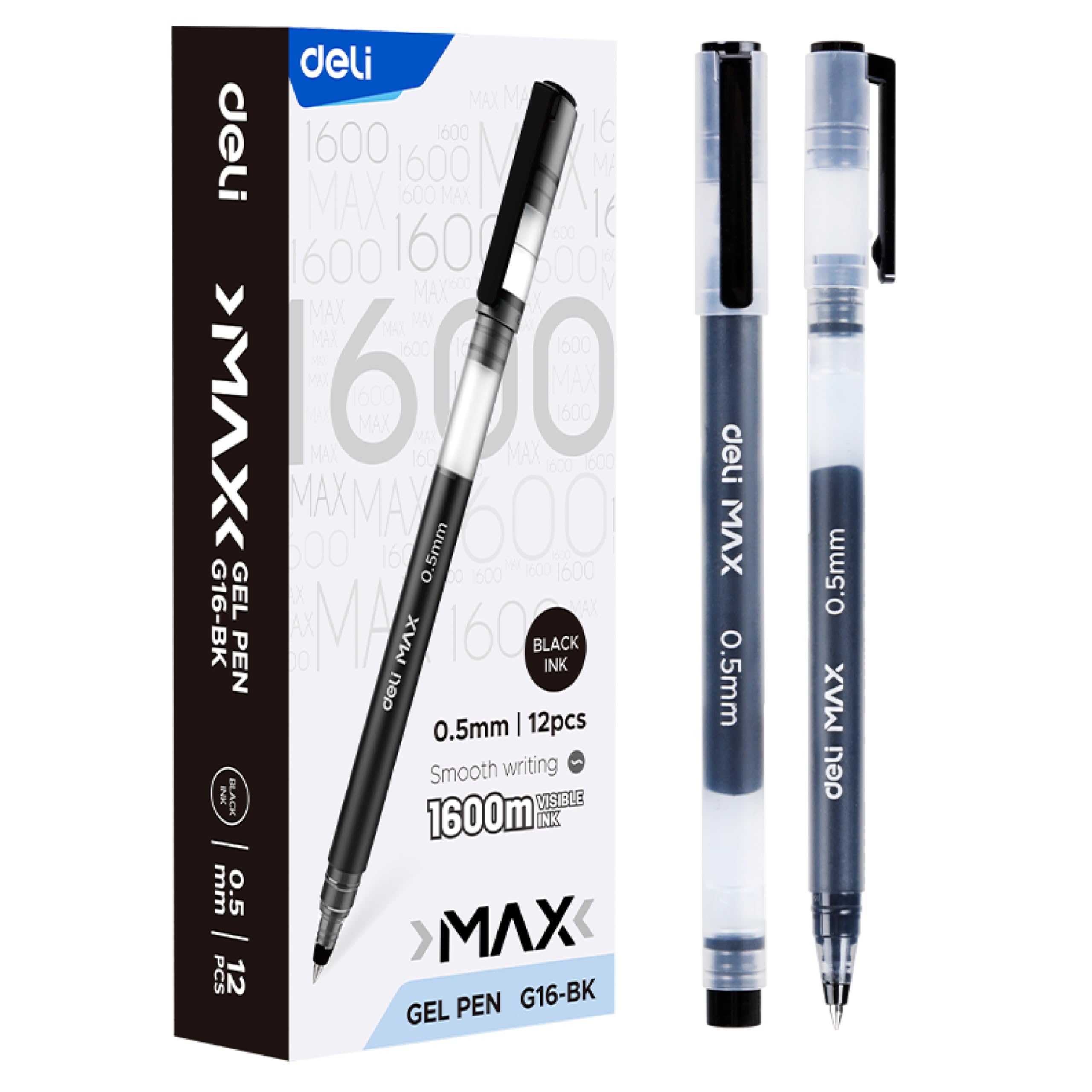 deli Personal Gel Pen Black - Smooth Writing 0.5mm Gel Pens for School, Office, Journaling & Exams - Pack of 12 Black Ink Pens