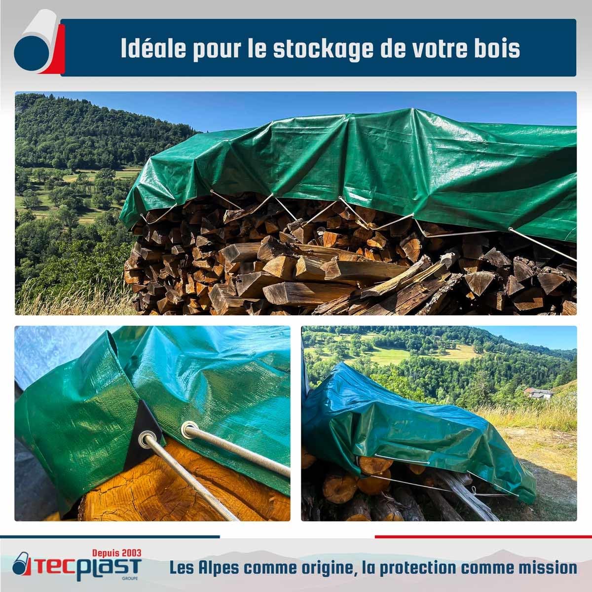 TECPLAST Bâche Bois 1,5x6 m HQ250BO Verte et Marron - Haute Performance - Bâche de Protection étanche pour Bois de Chauffage