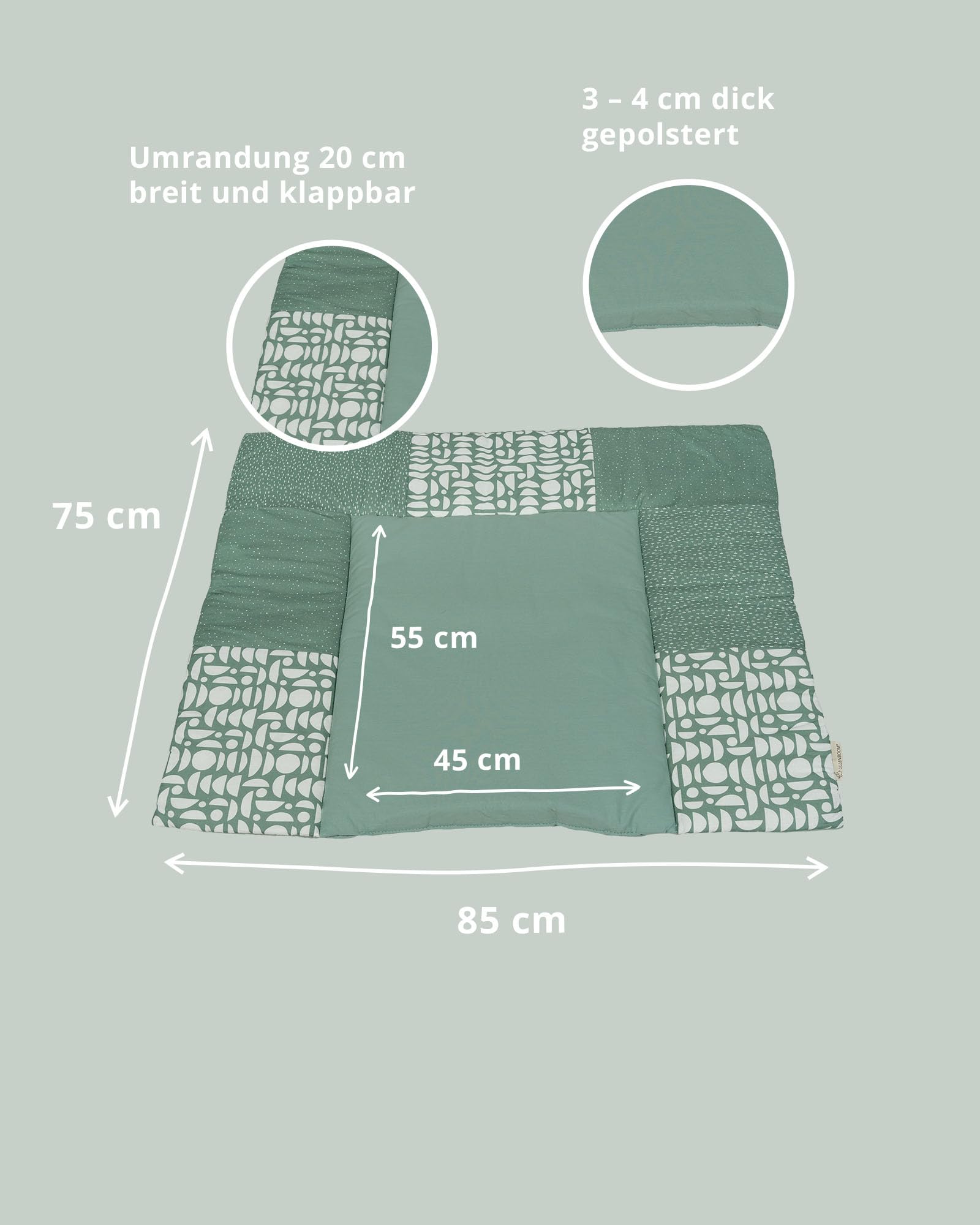 ULLENBOOM ® Wickelauflage 85x75 cm, Grün (Made in EU) - Wickelunterlage Waschbar und für Unterwegs geeignet, Bezug: 100% OEKO TEX Baumwolle, Wickeltischauflage 75x85