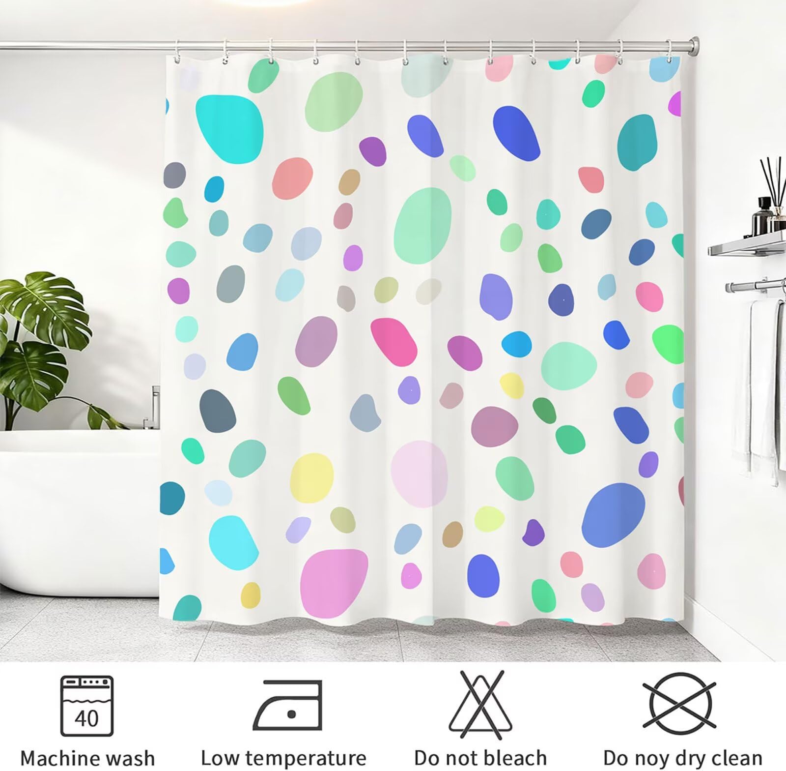 Rideau de Douche 180x220 cm - Tissu Polyester Imperméable Anti-Moisissure - 12 Anneaux Inclus - Ourlet Lesté pour Stabilité - Lavable en Machine - Idéal de Baignoire et Douche - Coloré & Pois Y1#509
