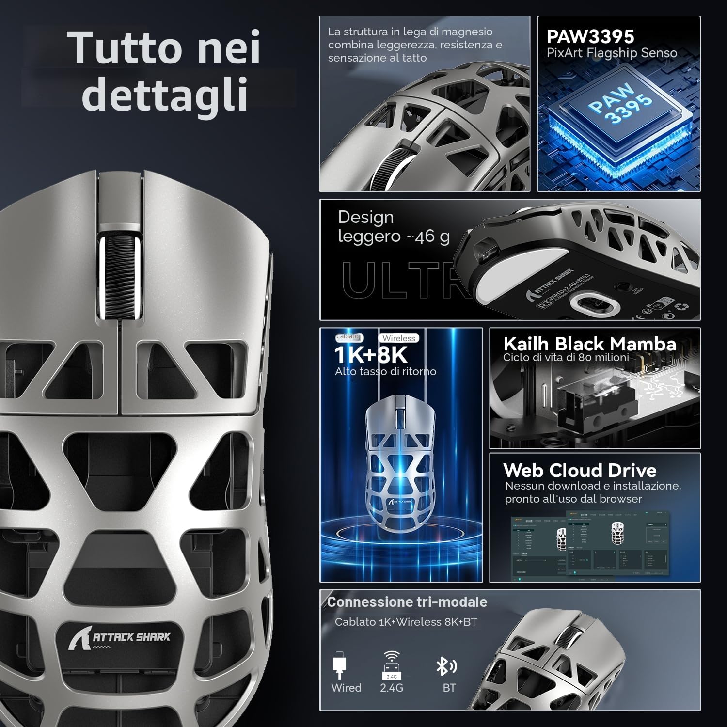 ATTACK SHARK R3 in Lega di Magnesio - Mouse Wireless 8K SUPERLIGHT 46g, Sensore di Gioco PixArt PAW3395, BT/2.4G/Wired, DPI Regolabile 26000, per Ufficio