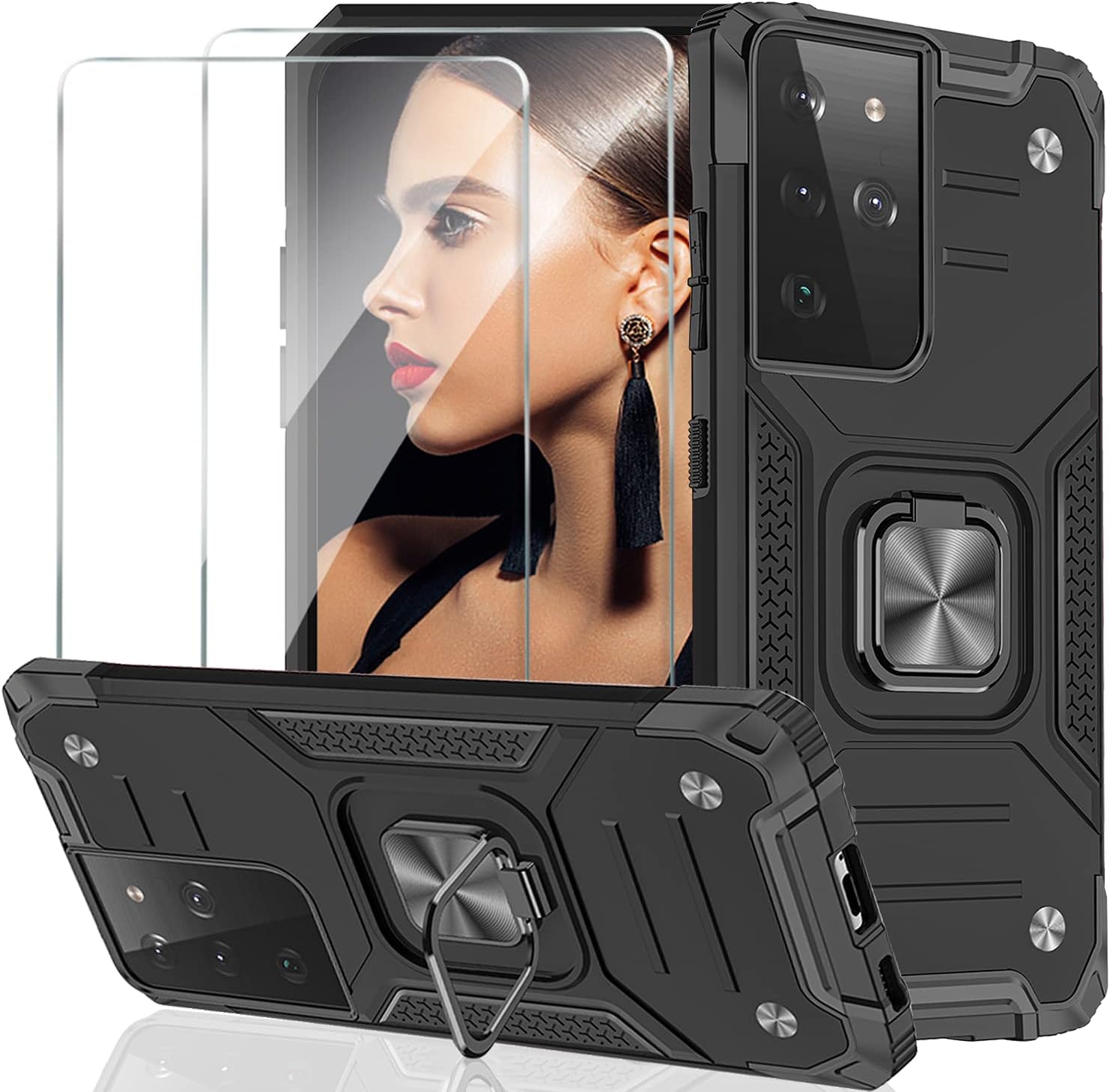 S21 Ultra Case Compatible with Samsung Galaxy S21 Ultra Case with Screen Protector Military Grade Protected Cover Rotation Magnetic Ring Holder Kickstand Galaxy S21 Ultra Case 5G Shockproof Cover