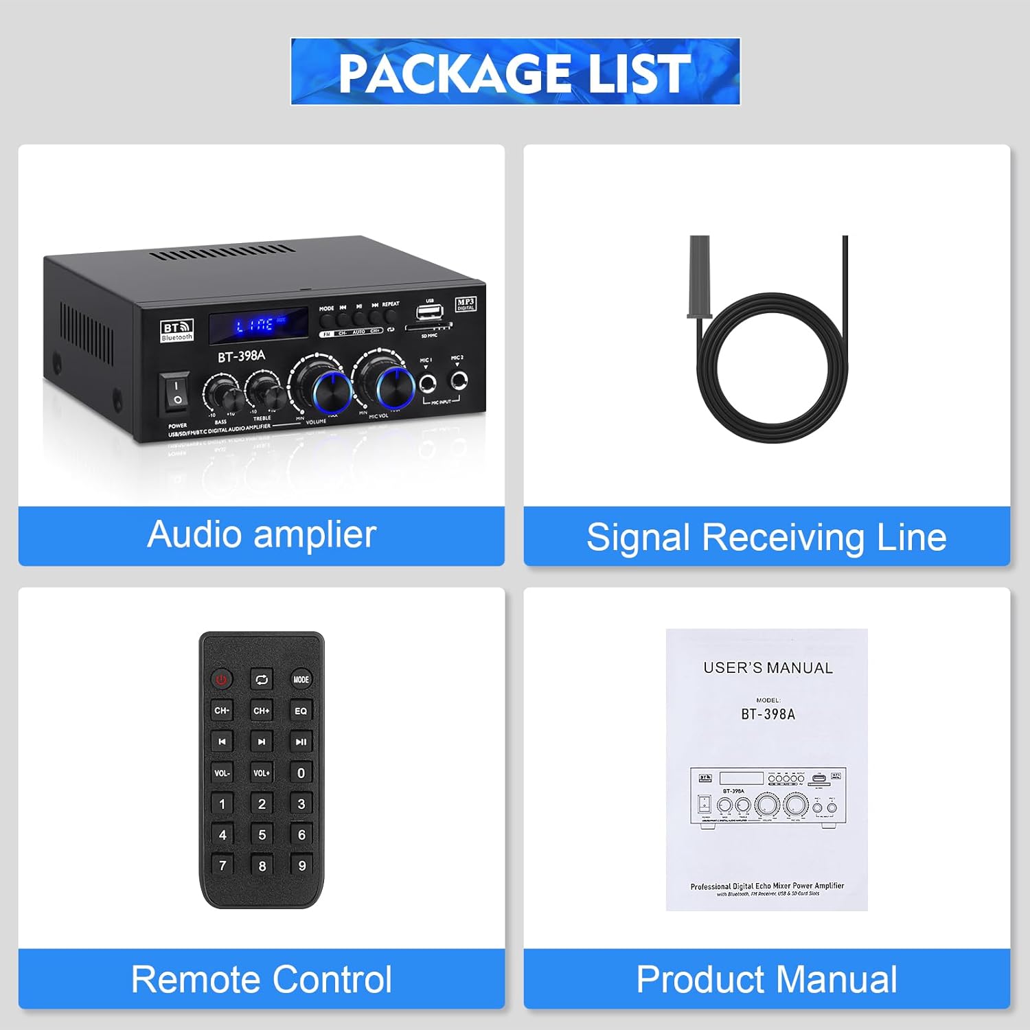 BT-398A Stereo Amplifier Receivers, Bluetooth 5.0 Audio Amp 2.0 Channel 60W+60W Rated Power Mini Speakers Sound Amplifiers Digital Amps w/FM Radio USB SD Card for Home Theater Audio System