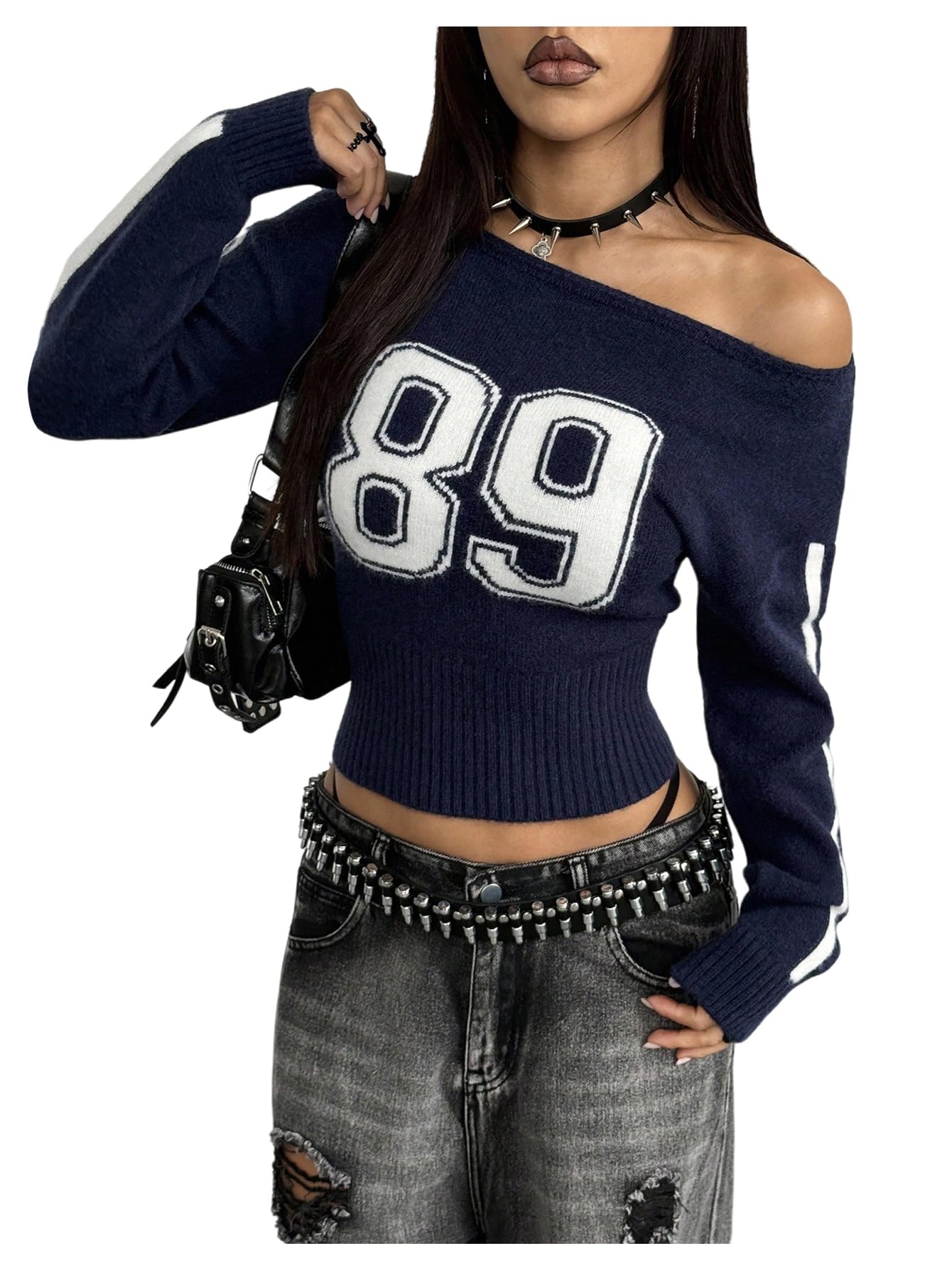 MakeMeChic Womens Off The Shoulder Sweater Number Long Sleeve Knit Y2k Pullover Tops