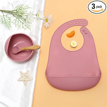 Kids Station 3Pcs Feeding Bowl, Adjustable Bib and Spoon Set, Food Grade Silicone, Bpa-Free & Microwave Safe Baby Feeding Essentials, Toddler Food Training (Pink), Solid