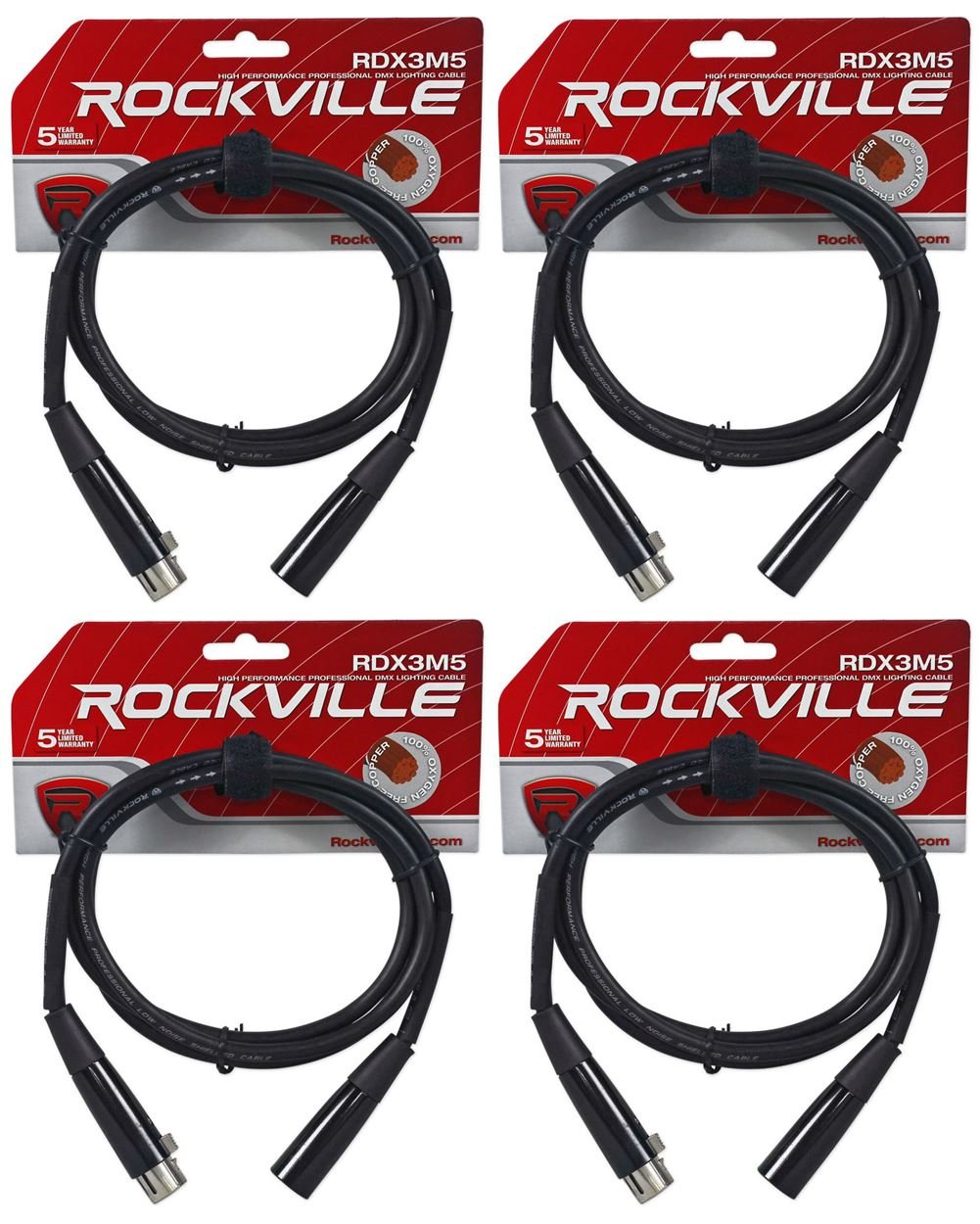(4) Rockville RDX3M5 5 Foot 3 Pin DMX Lighting Cables 100% Copper Female to Male