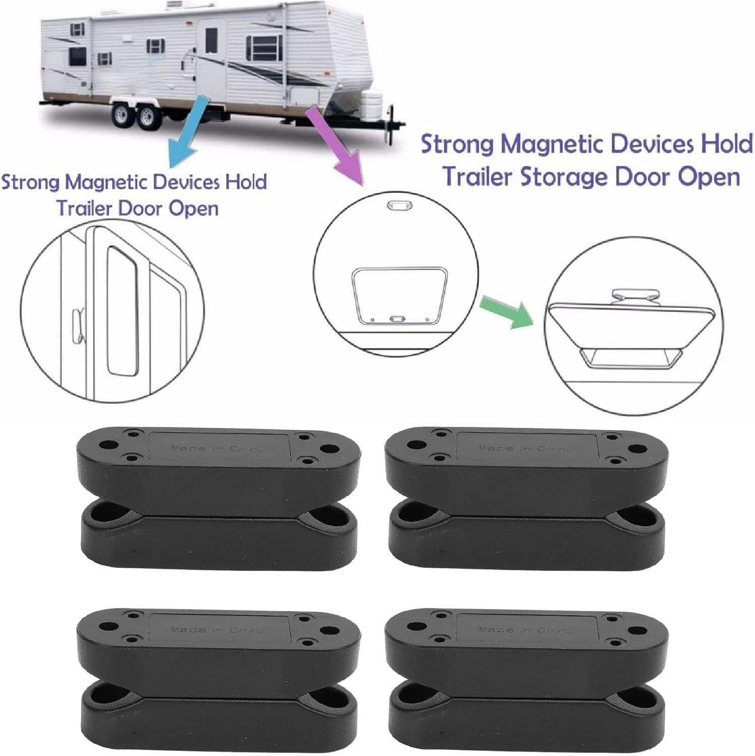 Magnetic Baggage Door Catch, 4 Pairs RV Storage Door Latch Holder with Ultra Strong Magnets for Campers Motorhomes Travel Trailers Black