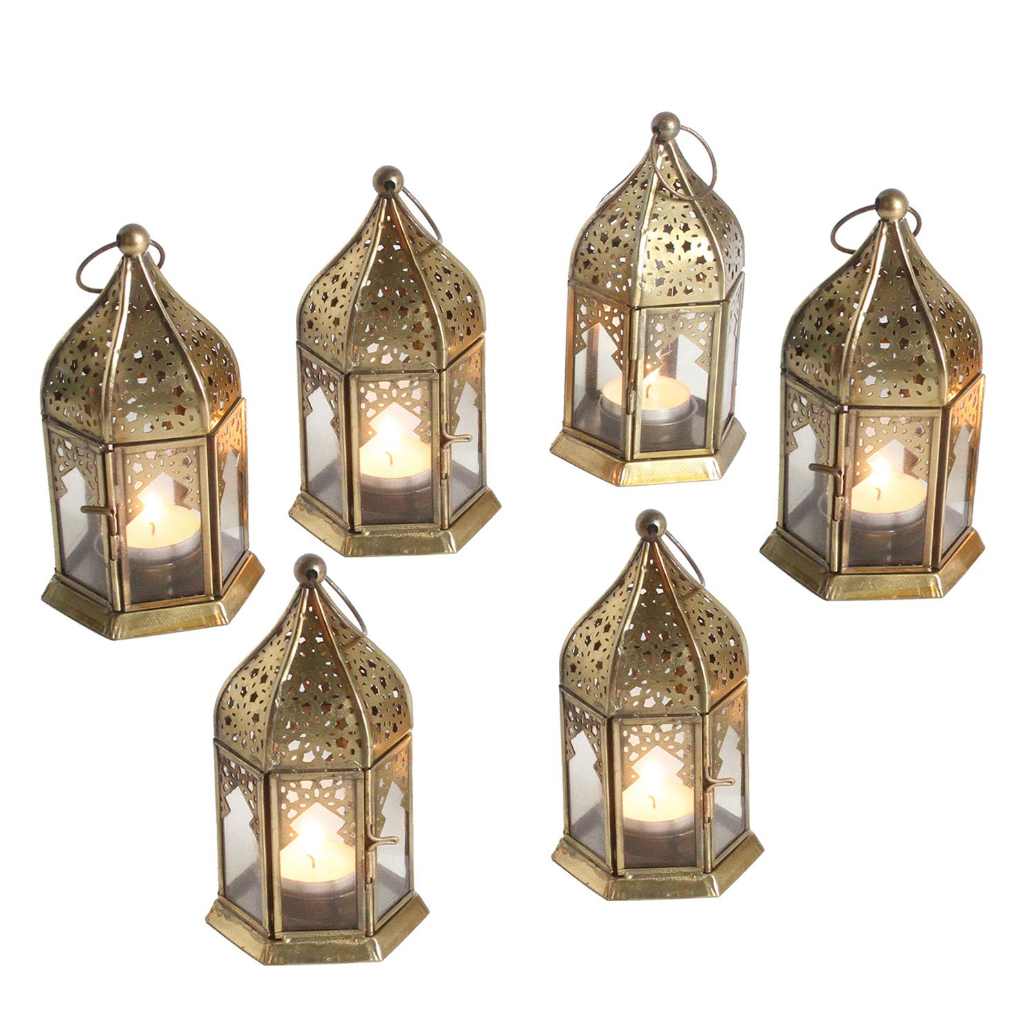 Orientalisches Windlicht Nael Transparent 6er Set Höhe 16cm in Antik-Gold Look aus Metall & Glas | marokkanische Ramadan Eid Teelichthalter Tisch-Deko | WDL1080