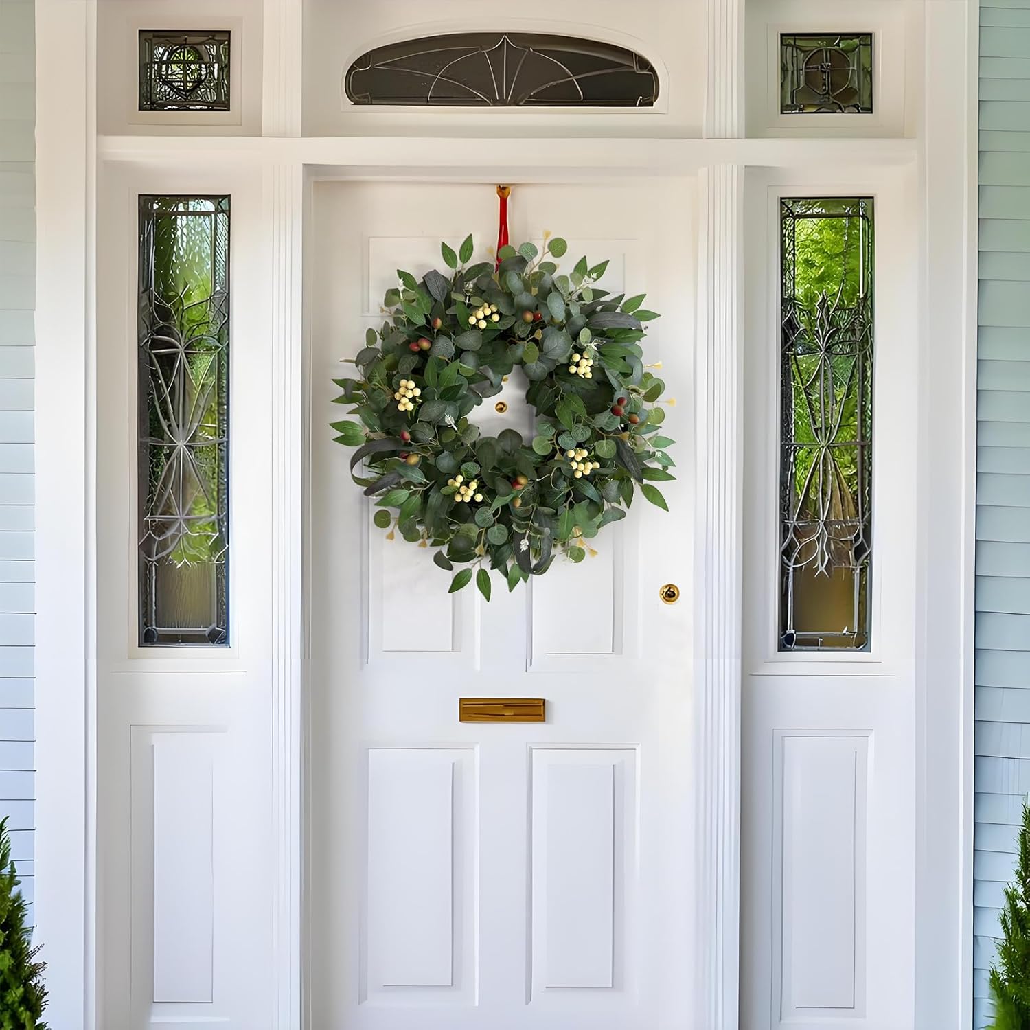 24 Inch Eucalyptus Wreaths for Front Door,Spring Summer Fall Autumn Winter Wreaths,Large Eucalyptus Greenery Wreath with Olive Leaves Berries for Front Door Outdoor Farmhouse Decor All Seasons - Image 2
