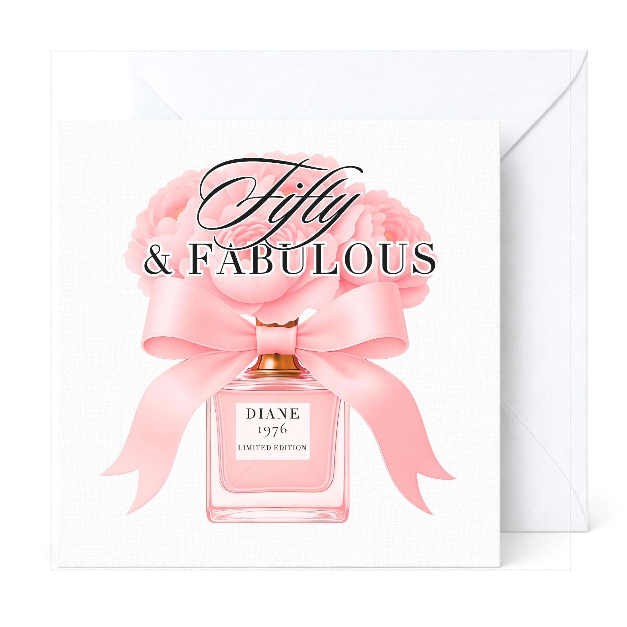 Personalised 50th Birthday Card – Fifty & Fabulous Perfume Bottle Design – Custom Name Keepsake for Women – Elegant Pink Peony & Ribbon Illustration