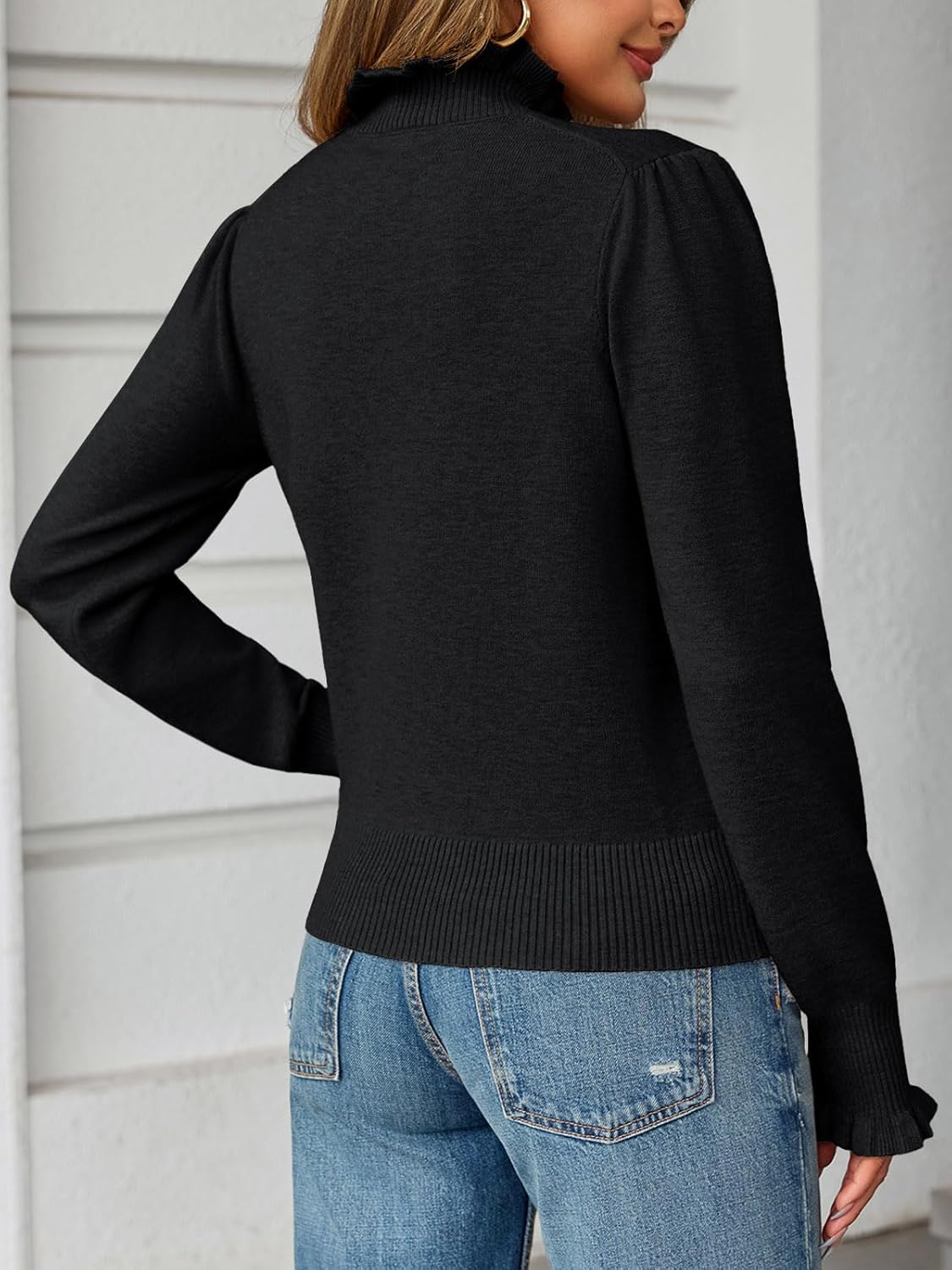 Saodimallsu Womens Ruffle Mock Neck Sweater Puff Long Sleeve Fall Soft Knit Casual Pullover Sweaters Top - Image 5