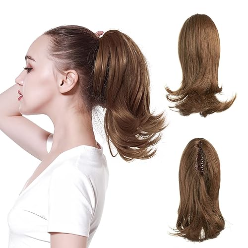Miniatura 1 de CJL HAIR Extensión de pelo corto marrón para cola de caballo con clip de garra, rizado, ondulado, cola de caballo falsa, piezas de pelo sintético de