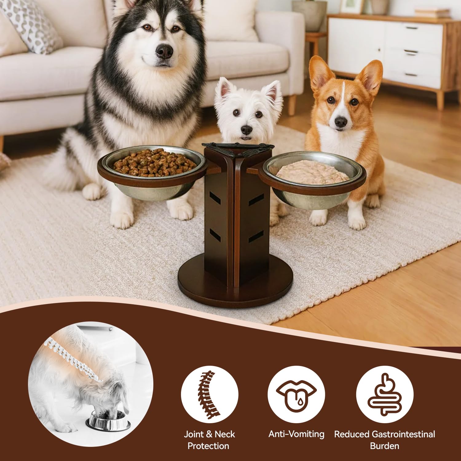 Lot de 3 Gamelles Surélevées pour Chien, Réglables sur 3 Niveaux (9,2-23,5 cm), Support en Bambou sur 3 Côtés, 3 Gamelles en Acier INOX de 650 ML, Fond Antidérapant de 25 cm, pour Plupart des Chiens