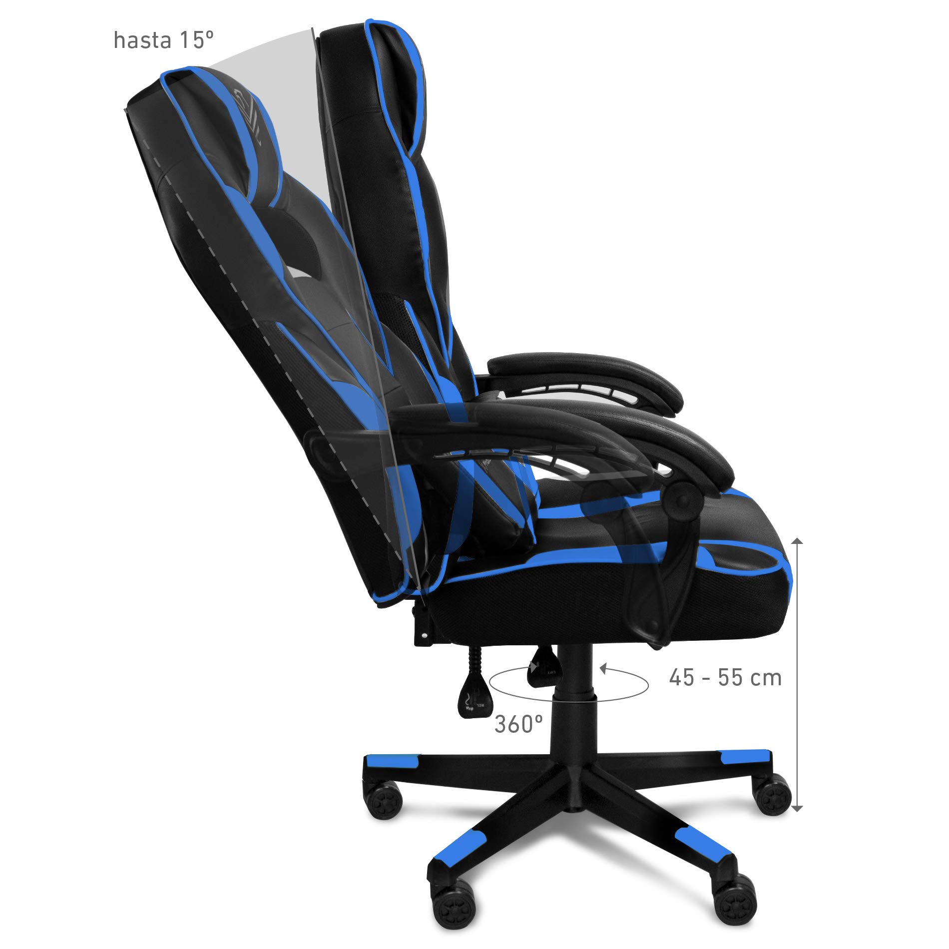 Phoenix Technologies - Sedia da gioco e da ufficio | Schienale reclinabile di 15° | Altezza regolabile | Braccioli imbottiti | Supporto lombare | Ruote a 360°, Blu, Poliuretano