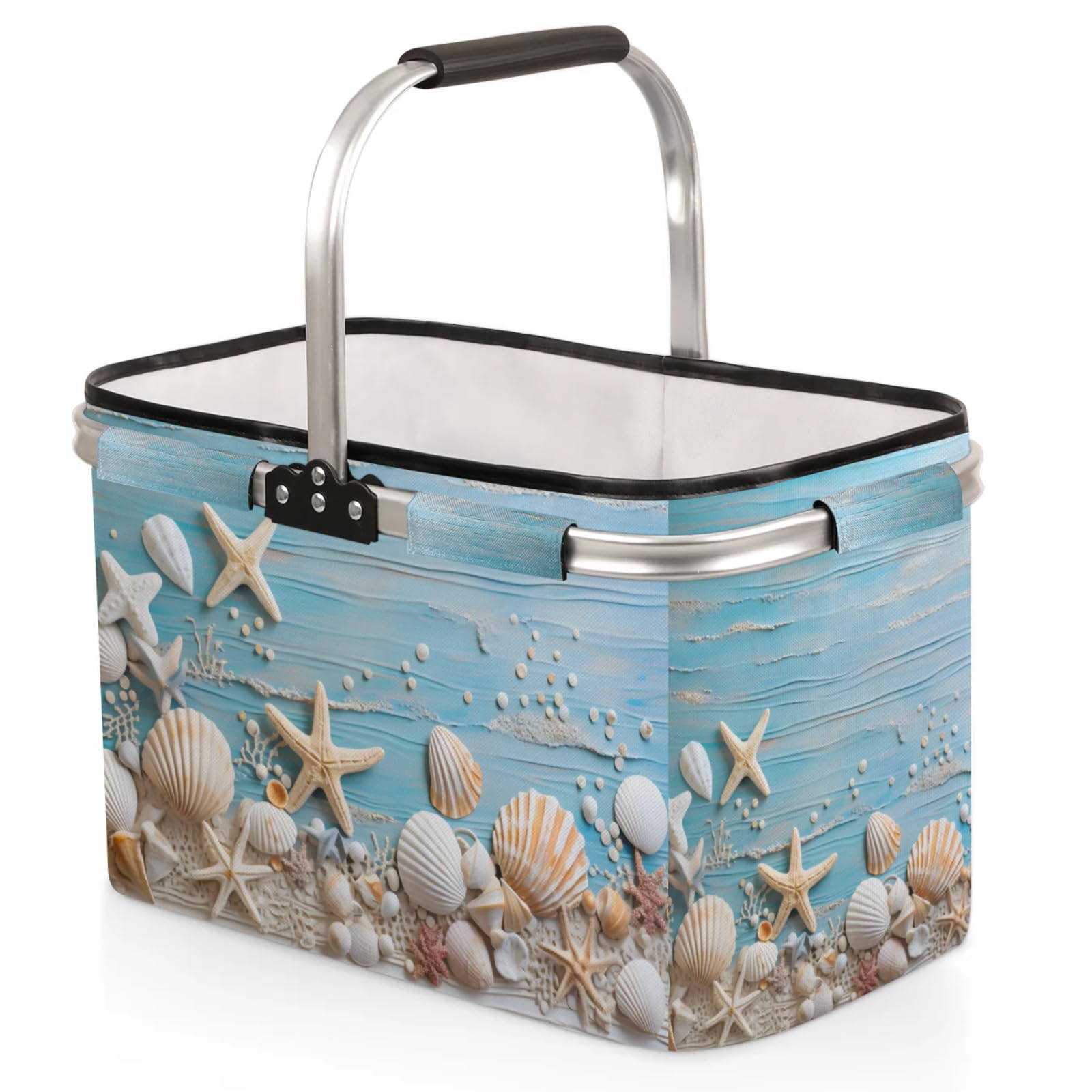 Collapsible Picnic Basket with Handle, Shopping Basket Aluminum Frame, Grocery Basket Tote for Women, Farmers Market Basket, Harvest Baskets Camping