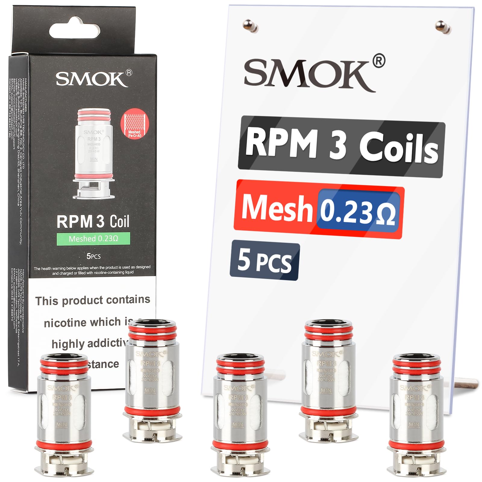 SMOK RPM 3 Meshed 0.23ohm Replacement Coil (Pack of 5), Press Fit Coil Installation, Easy to Replace, Mesh Technology, DTL Vaping, 2ML Cartridge, NO Nicotine