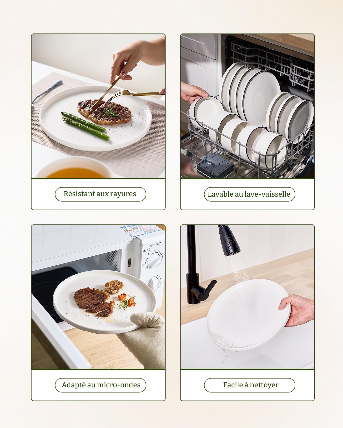 Richmount Porcelaine Service 12 pièces pour 4, assiettes et bols, blanc | Service de vaisselle, assiettes au design moderne, service de table à bord relevé, compatible micro-ondes et lave-vaisselle