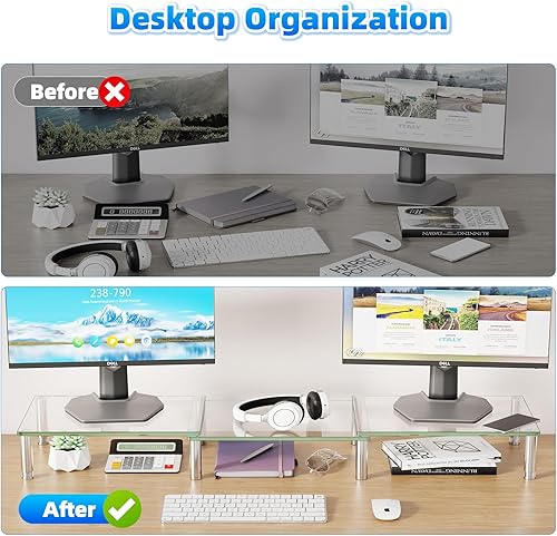 Miniatura 8 de Simple Trending Soporte elevador de monitor doble, organizador de escritorio de oficina para computadora para 2 monitores con vidrio templado,