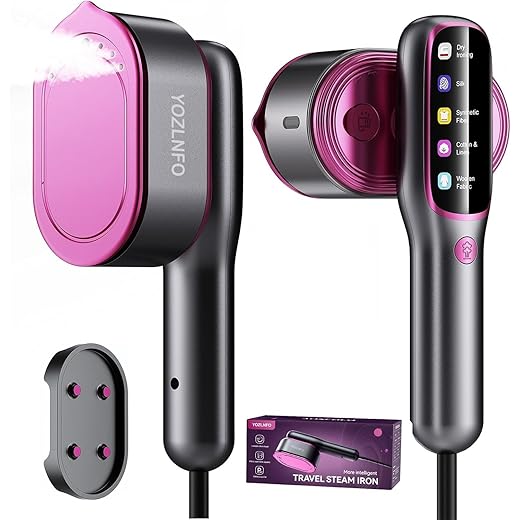 Portable Travel Steamer: 2-in-1 Mini Handheld Garment Steamer Iron - Fast 15s Heat Up & 5 Steam Settings - Large Ceramic Panel - Purple Pink Color - 110-120V Purple Pink