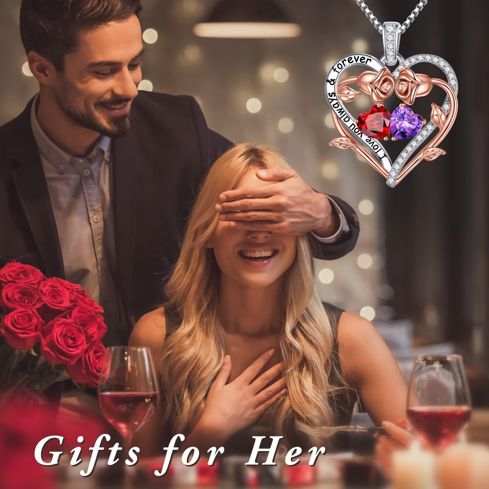 Iefil Mothers Day Gifts for Wife - Rose Heart Double Birthstone Necklace Gifts for Wife Girlfriend Her Women, Birthstone Jewelry Gemstone Birthday Gift for Mom Grandma Her Women