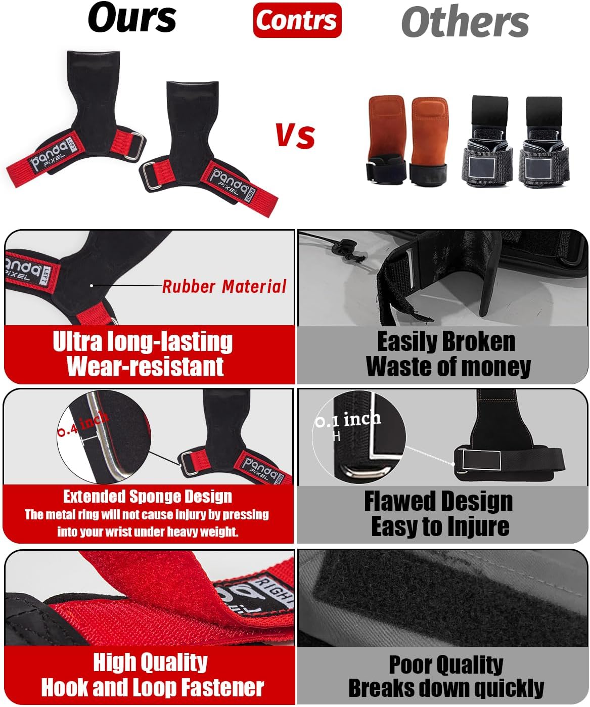 Pixel Panda Weight Lifting Grips for Heavy Powerlifting, Deadlifts, Rows, Pull Ups, with Neoprene Padded Wrist Wraps Support and Strong Rubber Gloves or Straps for Bodybuilding (Pair)