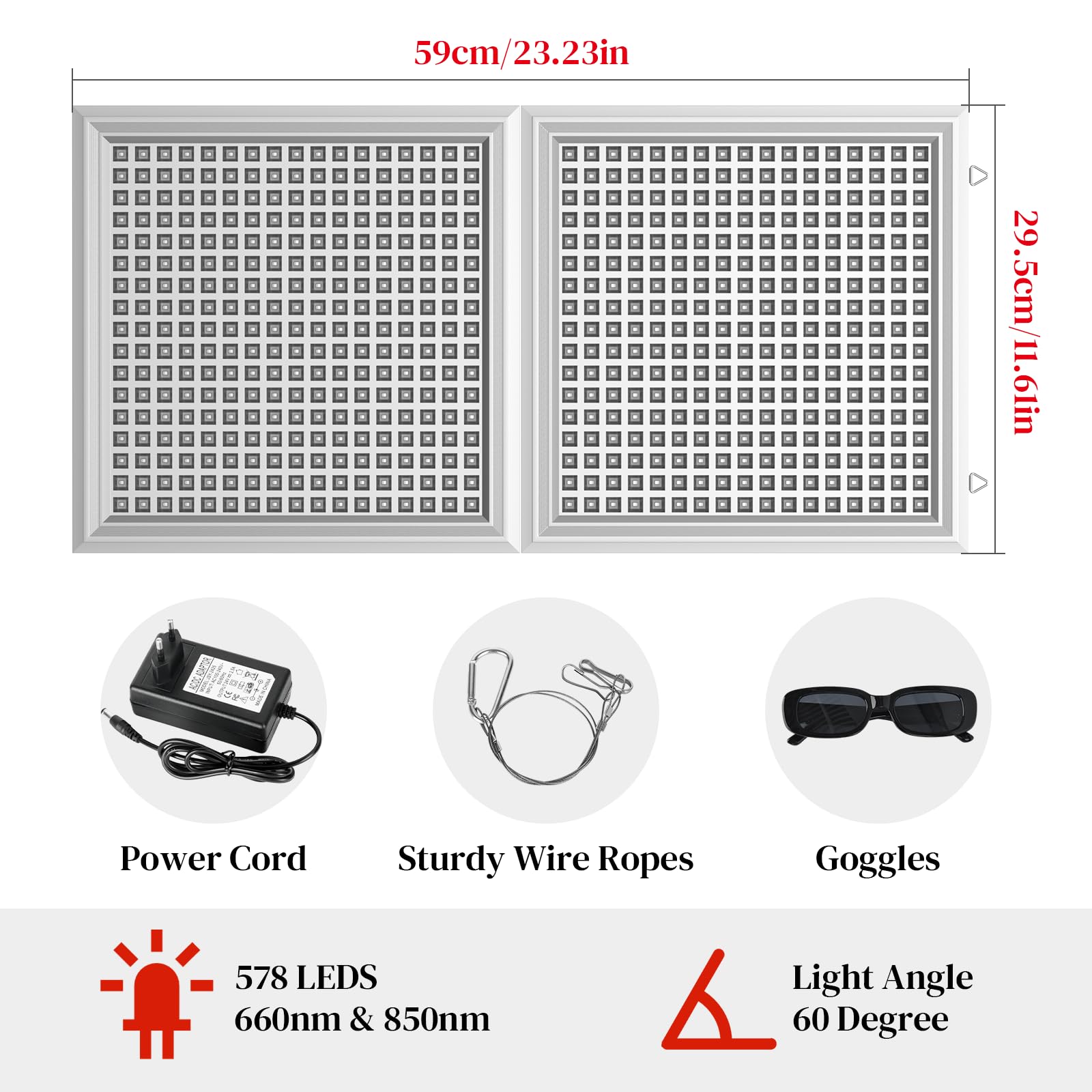 Lámpara de Luz Roja, Lámpara Infrarroja Combinada 660 nm y 850 nm, Panel de Luz Roja con 578 LED y Temporizador, para Cara, Cuerpo, Músculos y Espalda