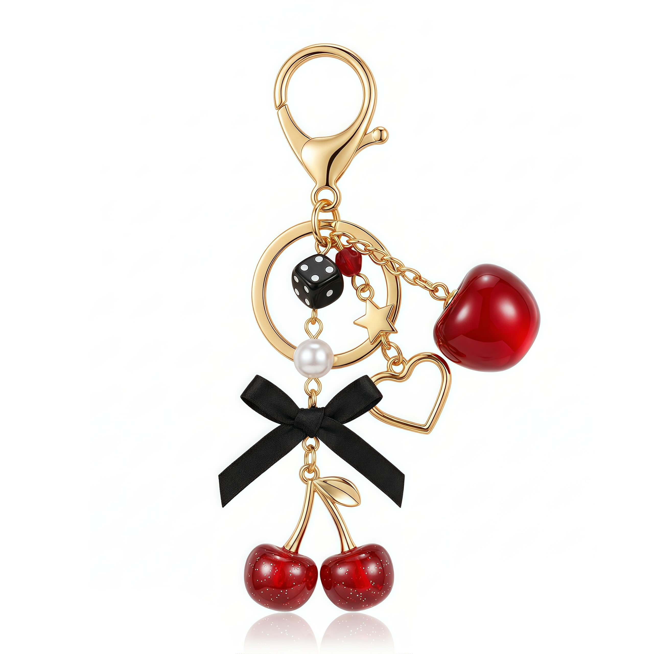 Cherry Keychain for Women Cute Fruit Keyring with Black Bow Knot Pearl Dice Heart Charms Gold Key Chain Gift