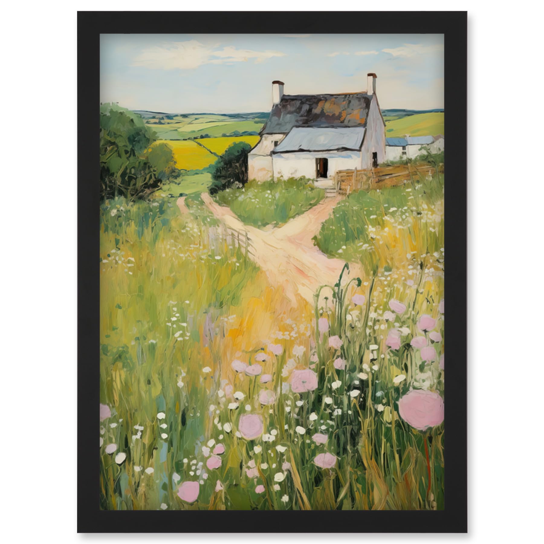 Artery8 Country Farmhouse Cottage Scene Traditional Landscape Oil Painting Meadows Countryside Summer Artwork Framed Wall Art Print A4