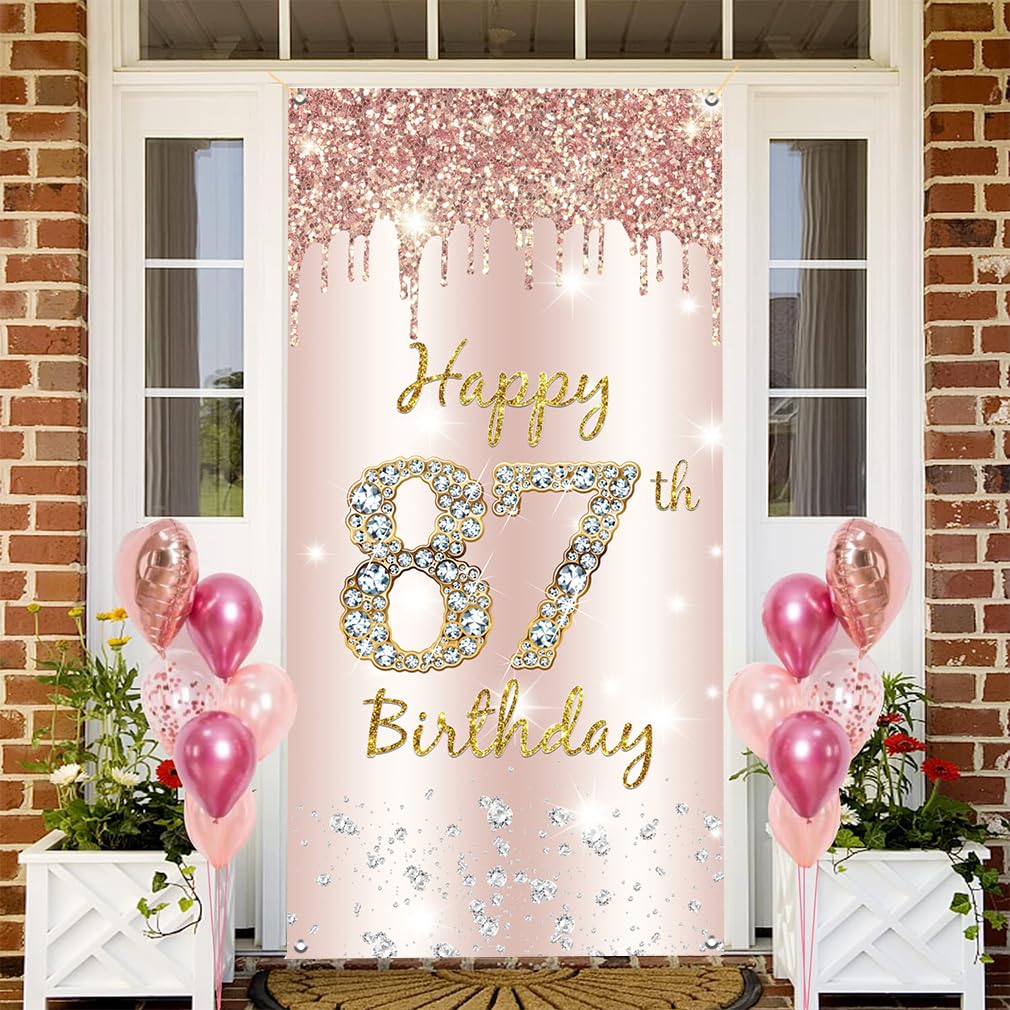 87. urodziny dekoracja dla kobiet, Happy 87th Birthday Door Banner różowe złoto, 87. urodziny tkanina tabliczka plakat dekoracja drzwi, 87. urodziny tło, baner damski, przyjęcie urodzinowe tabliczka