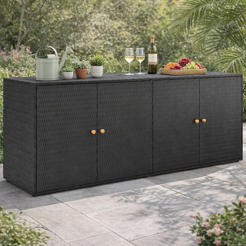 ACAGALA Gartenschrank Poly Rattan, Balkonschrank 4 Türen, Haushaltsschrank Aufbewahrungsschrank Beistellschrank Schrank, 198x55,5x80 cm, Schwarz