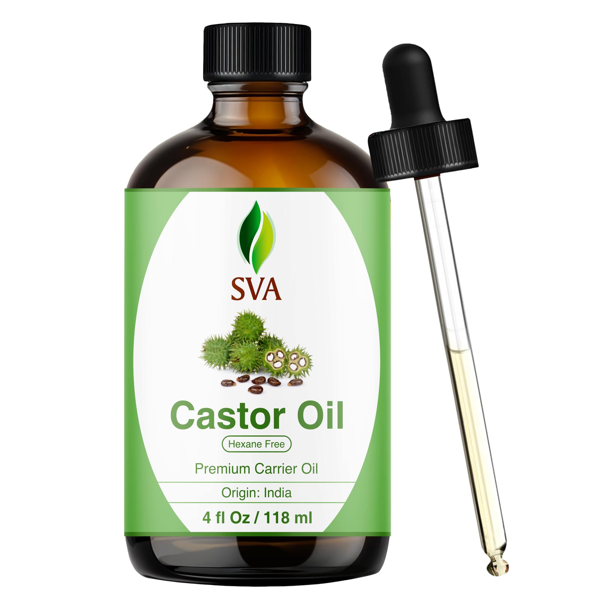 SVA Castor Seed Oil - 4 Fl Oz – 100% Natural Cold Pressed Castor - Hair Care, Scalp Massage & Body Massage – Carrier Oil with Dropper