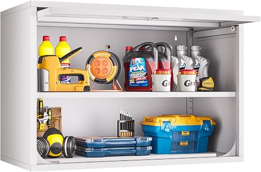 Metal Wall Storage Cabinet, Wall-Mounted Storage Cabinet with Up-Flip Doors, Steel Small Floating Garage Cabinets with Lock for Garage, Bathroom, Kitchen