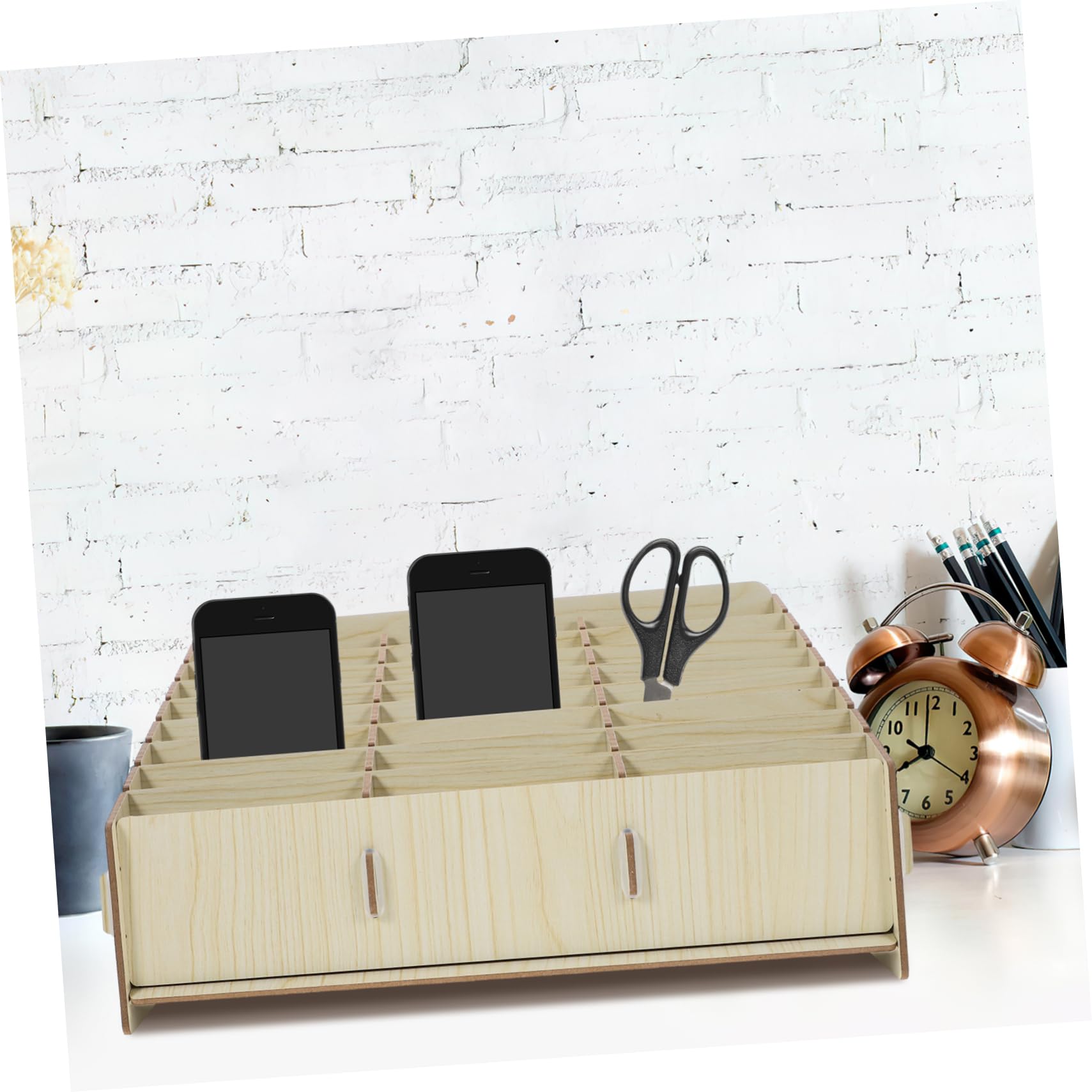 Cabilock Caja de Almacenamiento para Teléfono Celular Soporte de Madera para Escritorio Diseño de Múltiples Rejillas para Organización en Oficina o Aula