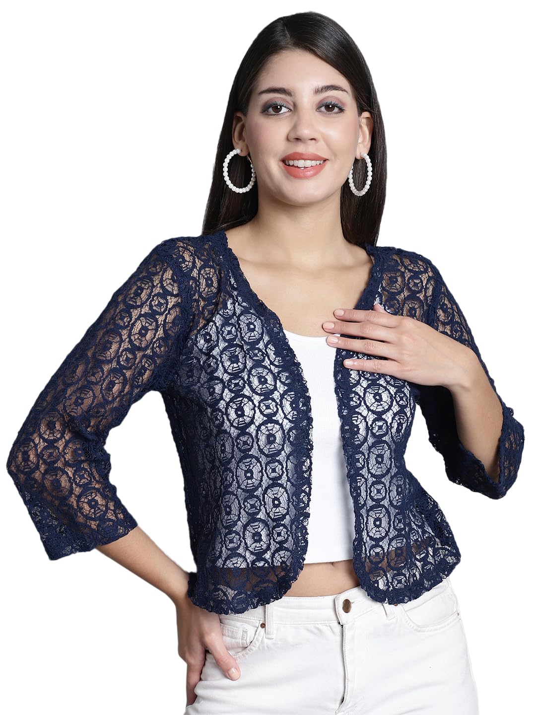 Women Self Design Lace Regular Front Open Shrug (Navy Blue)-image-47