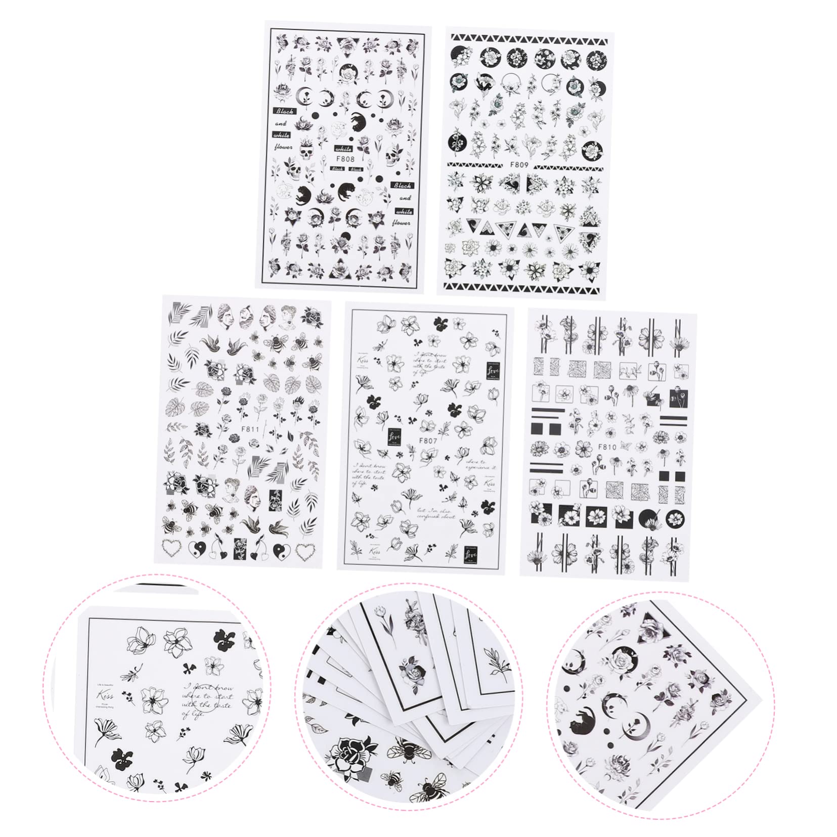5 Set Adesivi Per Unghie Fiori E Decorazioni Manicure Autoadesive Per Nail Art Per Feste E Creatività Personale 10 Fogli*5