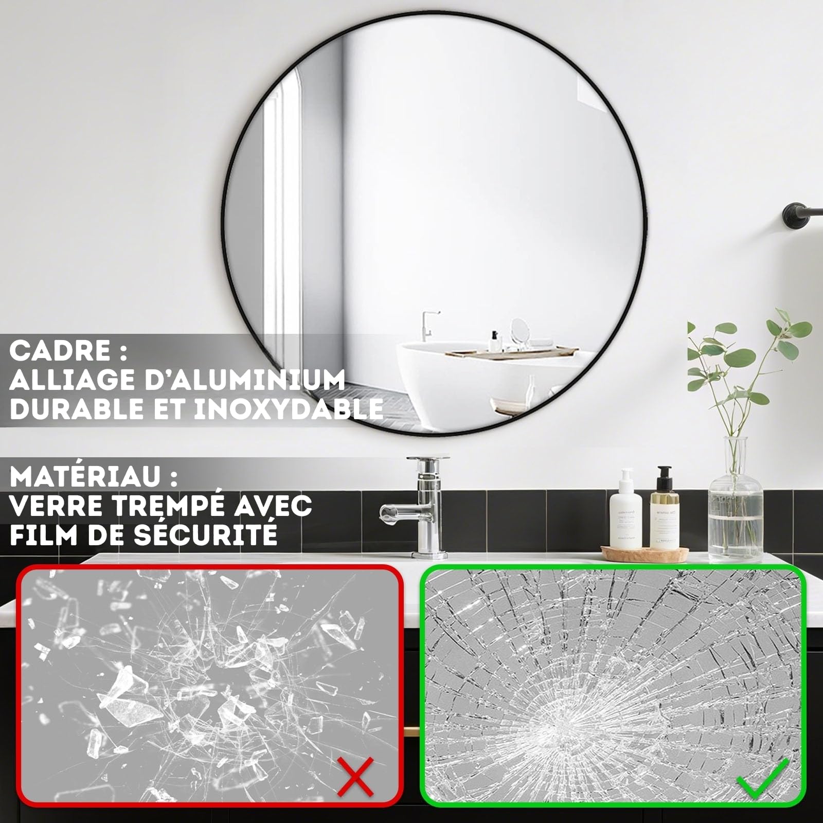 KARAT Miroir Mural Rond pour Salle de Bain et Chambre, avec Cadre en Alliage d'aluminium Noir Bella, Ø 60 cm, Verre trempé avec Film de sécurisé, Design élégant, Fixation Murale ou Poser sur Table