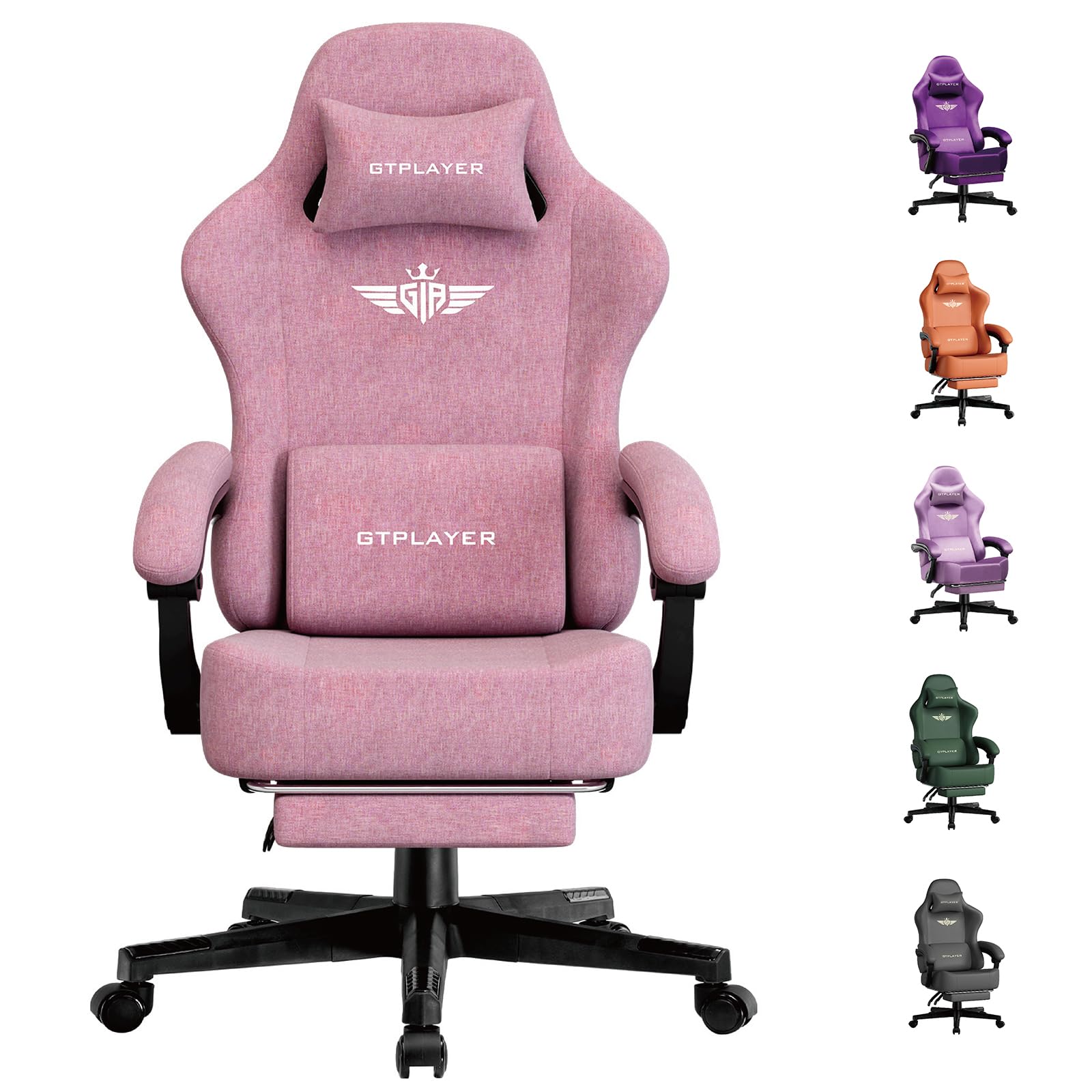 GTPLAYER Gaming Chair, Ergonomic Computer Chair with Footrest and Lumbar Support Height Adjustable Home Office with 360°-Swivel Seat and Headrest Pink