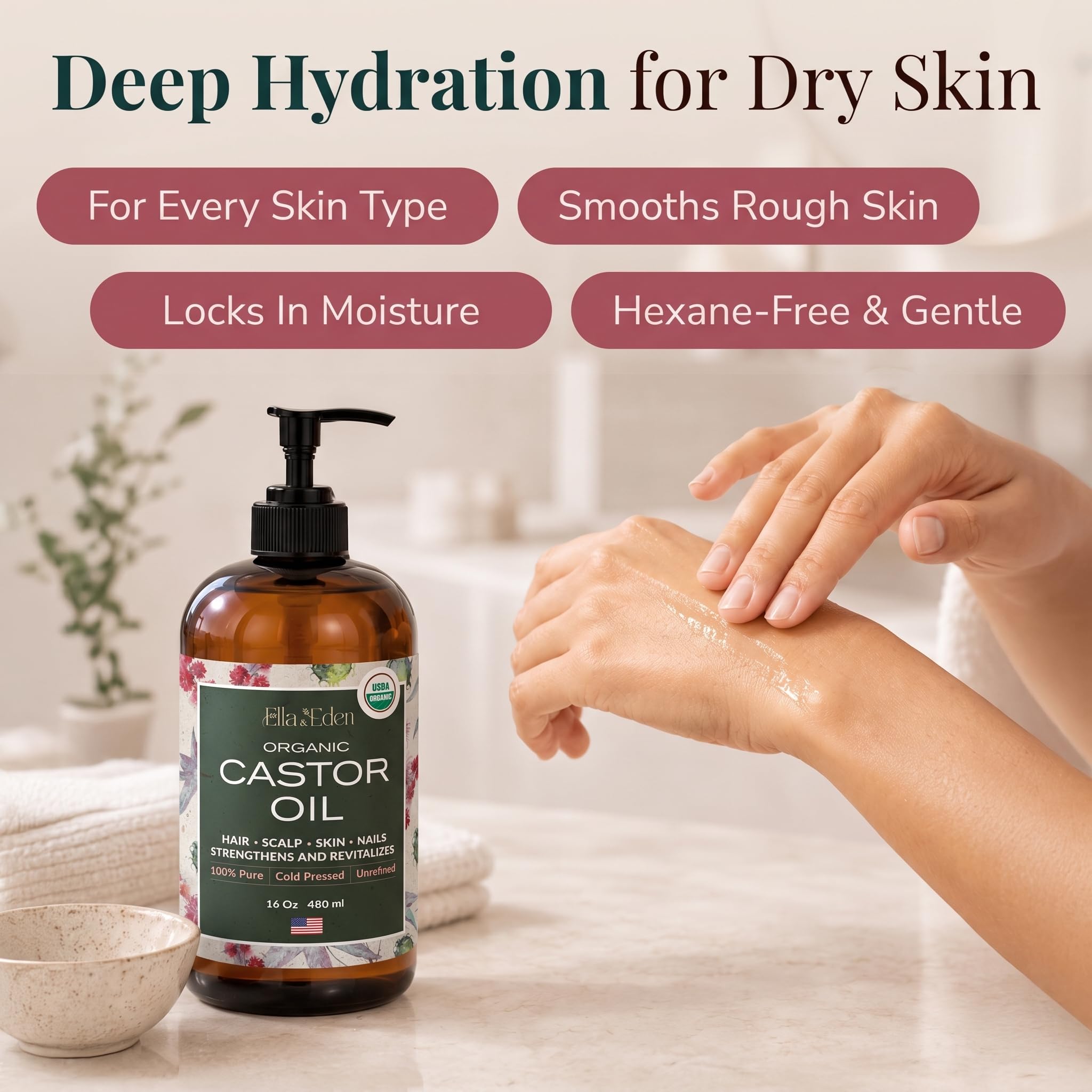 USDA Organic Castor Oil, 100% Pure Cold-Pressed Hexane-Free