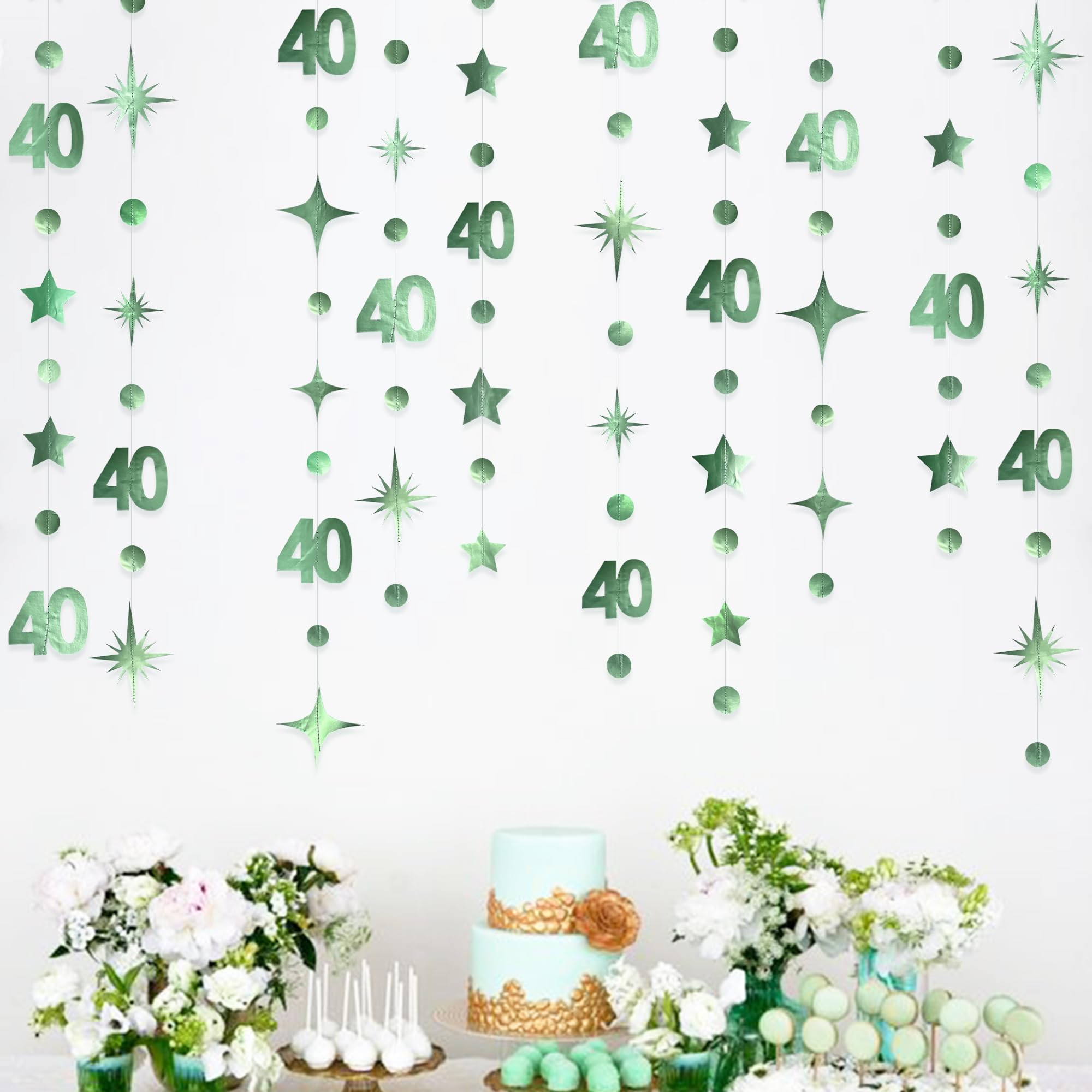 Sage Green 40th Birthday Decorations Number 40 Circle Dot Twinkle Star Garland Metallic Streamer Banner Backdrop for Women Mens Cheers to 40 Years Old