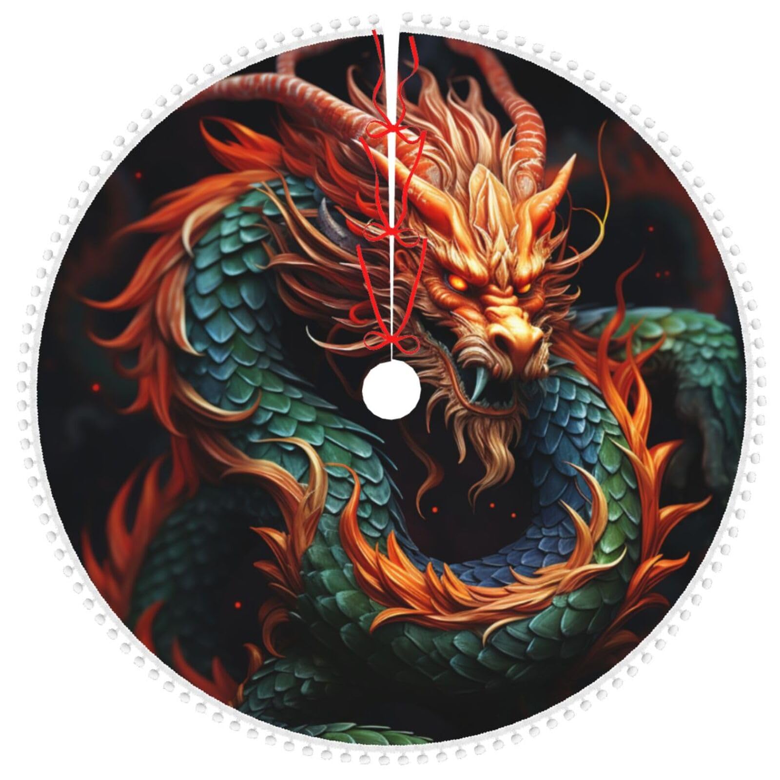 Tapis de sapin de Noël dragon à pompons pour embellir votre salon