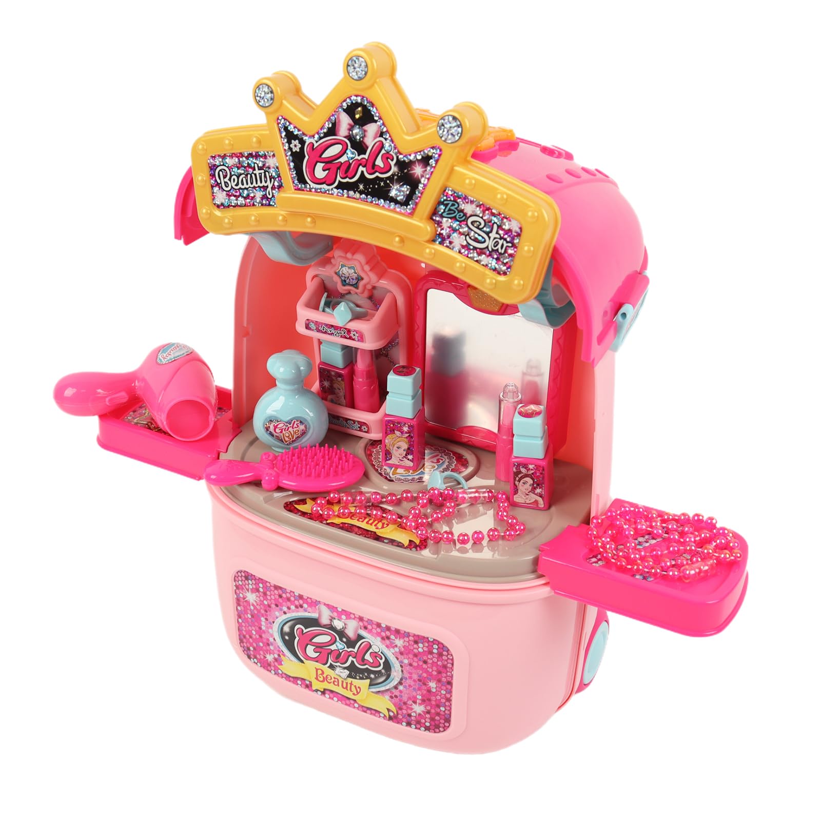 Pink Girls Vanity Dressing Table Set – Makeup Pretend Play with Mirror & Accessories, 2-in-1 Beauty Trolley Case, Ages 3+