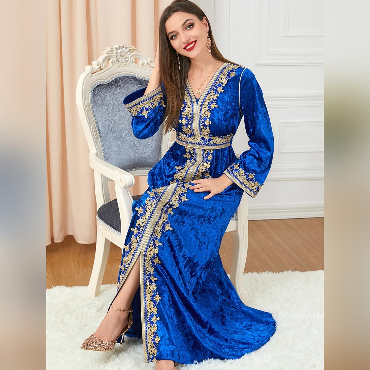 IDOPIP Muslim Women Velvet Dress Embroidery Abayas Long Sleeve V-Neck Moroccan Maxi Kaftan Dubai Robe Arabic Islamic Clothing - Image 6